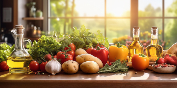 Küchenarbeitsfläche mit frischem Gemüse, Kräutern, Erdbeeren und Ölflaschen. Sichtbar sind Tomaten, Paprika, Kartoffeln, Knoblauch, Petersilie und Rosmarin. Im Hintergrund ein sonnendurchflutetes Fenster.